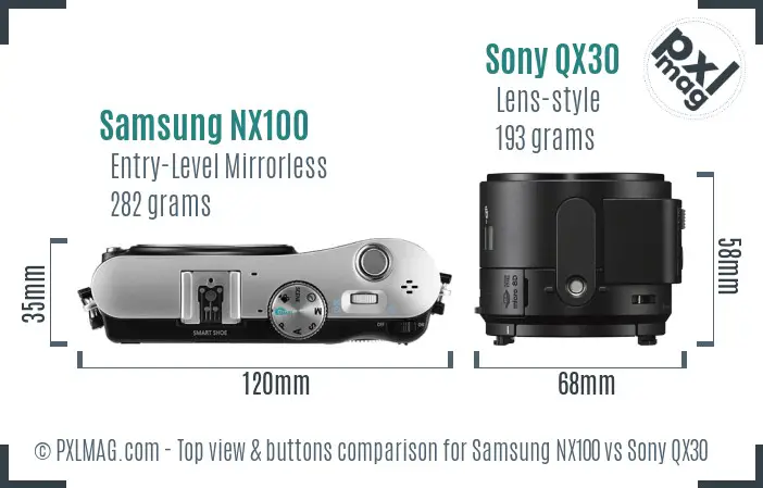 Samsung NX100 vs Sony QX30 top view buttons comparison