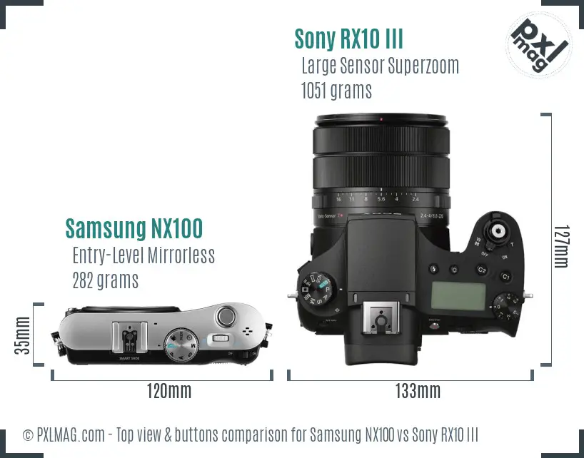 Samsung NX100 vs Sony RX10 III top view buttons comparison Samsung NX100 vs Sony RX10 III top view buttons comparison
