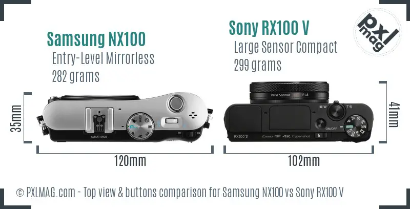 Samsung NX100 vs Sony RX100 V top view buttons comparison