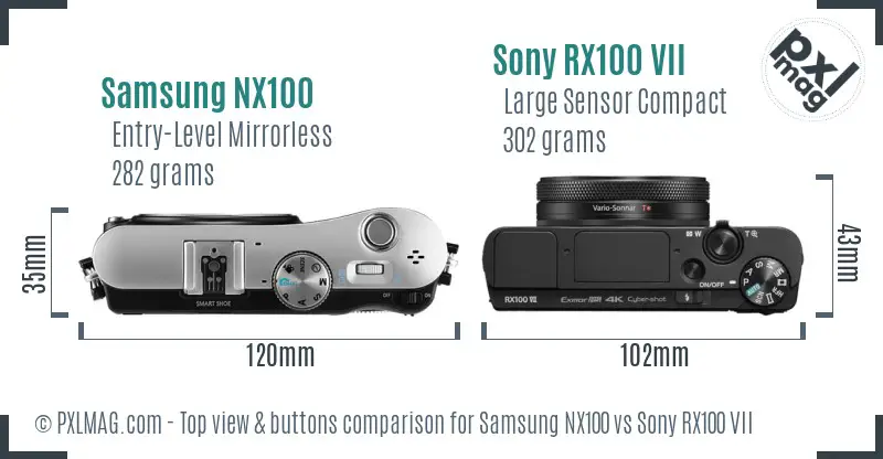 Samsung NX100 vs Sony RX100 VII top view buttons comparison