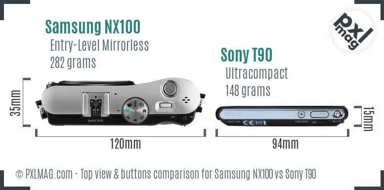 Samsung NX100 vs Sony T90 top view buttons comparison