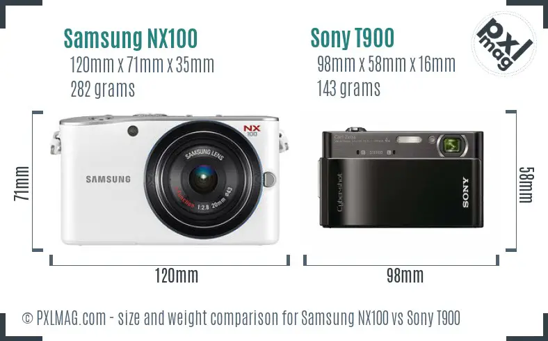 Samsung NX100 vs Sony T900 size comparison