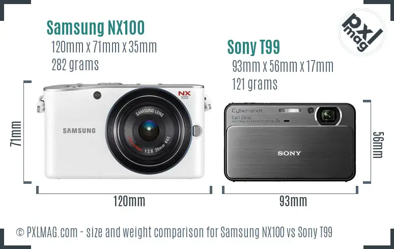 Samsung NX100 vs Sony T99 size comparison