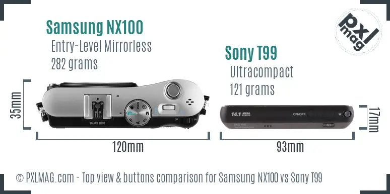 Samsung NX100 vs Sony T99 top view buttons comparison