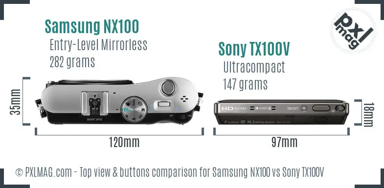 Samsung NX100 vs Sony TX100V top view buttons comparison