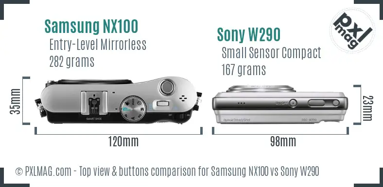 Samsung NX100 vs Sony W290 top view buttons comparison