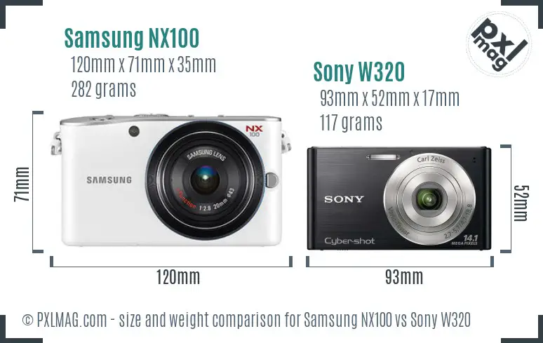 Samsung NX100 vs Sony W320 size comparison