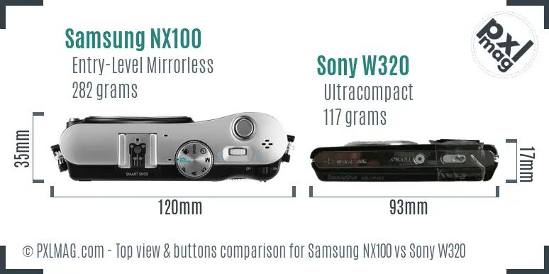 Samsung NX100 vs Sony W320 top view buttons comparison