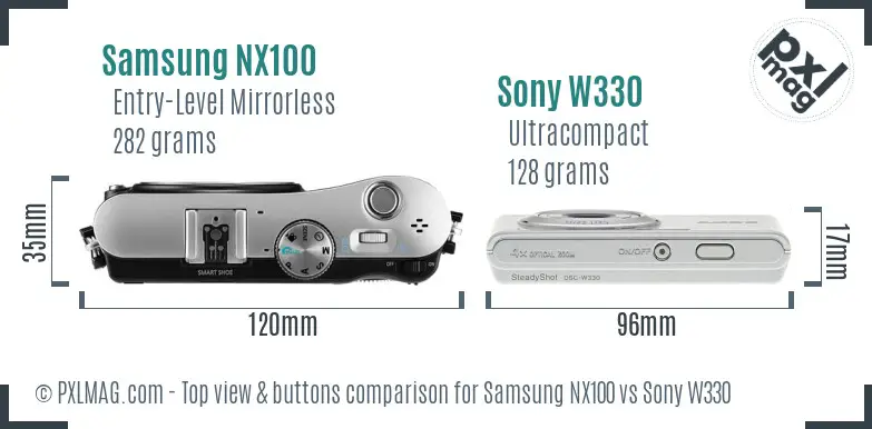 Samsung NX100 vs Sony W330 top view buttons comparison
