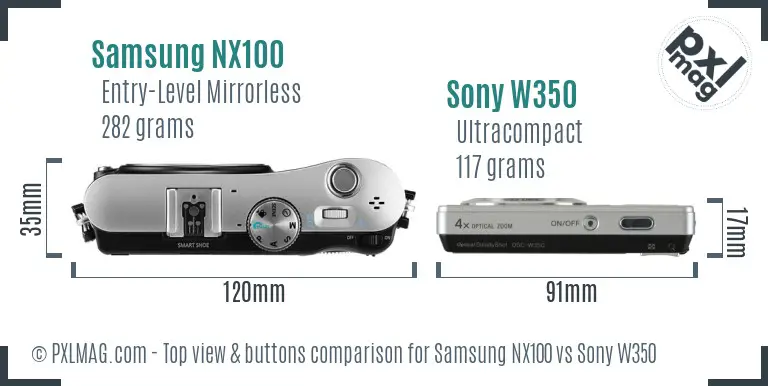 Samsung NX100 vs Sony W350 top view buttons comparison