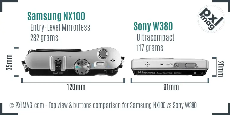 Samsung NX100 vs Sony W380 top view buttons comparison