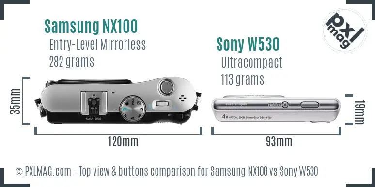 Samsung NX100 vs Sony W530 top view buttons comparison