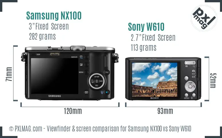 Samsung NX100 vs Sony W610 Screen and Viewfinder comparison