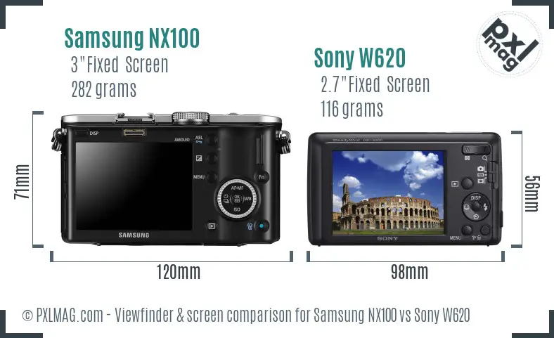 Samsung NX100 vs Sony W620 Screen and Viewfinder comparison