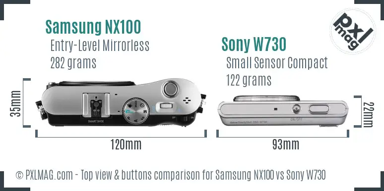 Samsung NX100 vs Sony W730 top view buttons comparison