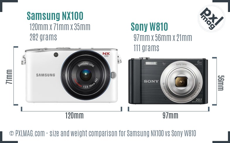 Samsung NX100 vs Sony W810 size comparison