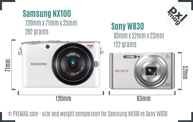 Samsung NX100 vs Sony W830 size comparison