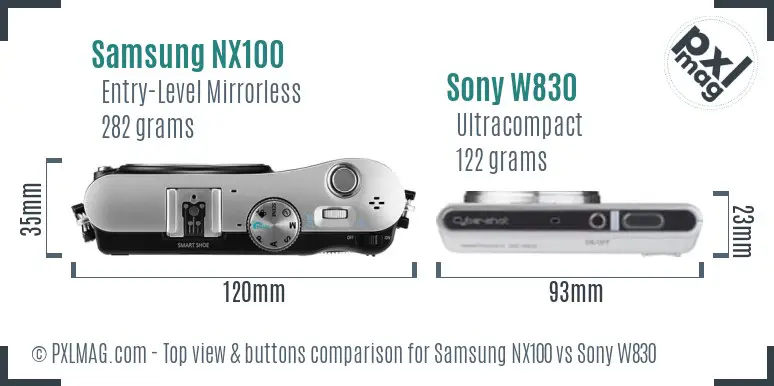 Samsung NX100 vs Sony W830 top view buttons comparison