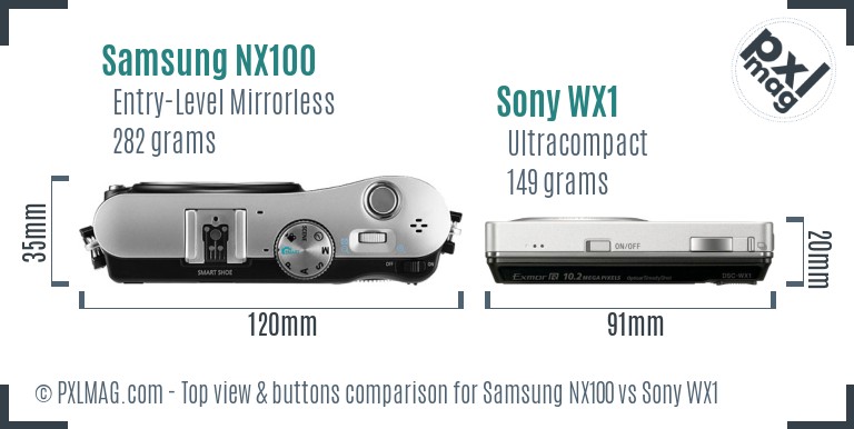 Samsung NX100 vs Sony WX1 top view buttons comparison