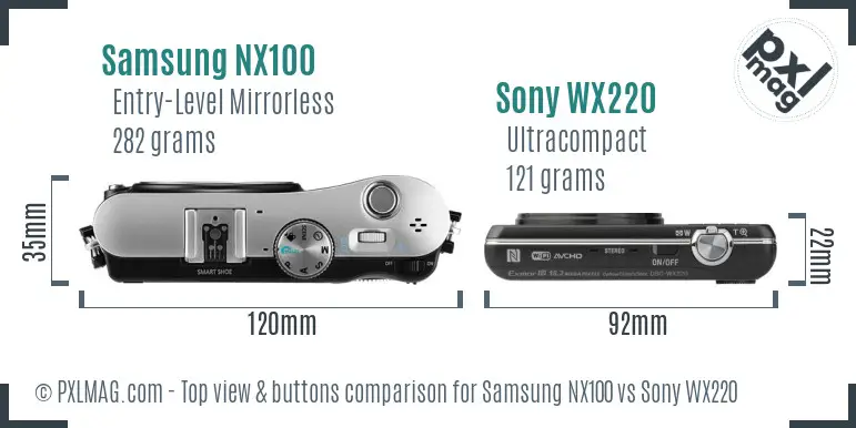 Samsung NX100 vs Sony WX220 top view buttons comparison