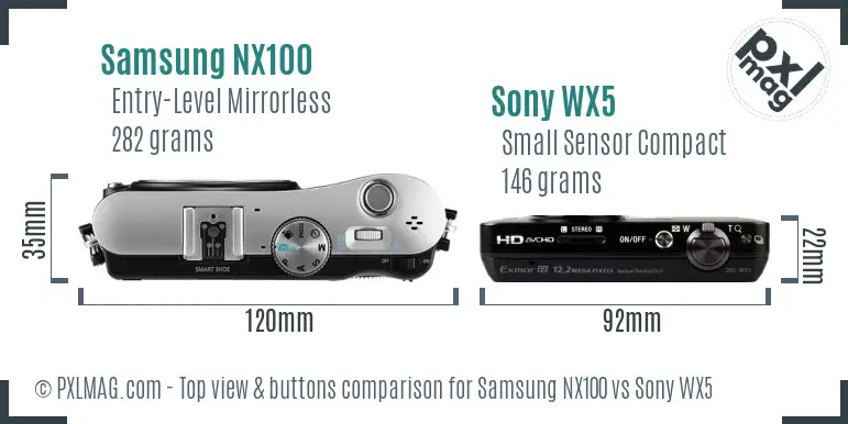 Samsung NX100 vs Sony WX5 top view buttons comparison