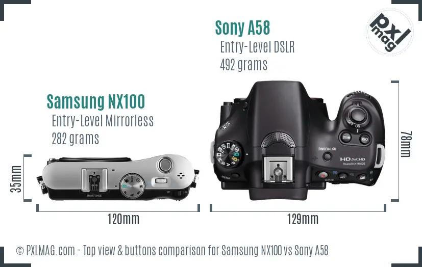 Samsung NX100 vs Sony A58 top view buttons comparison