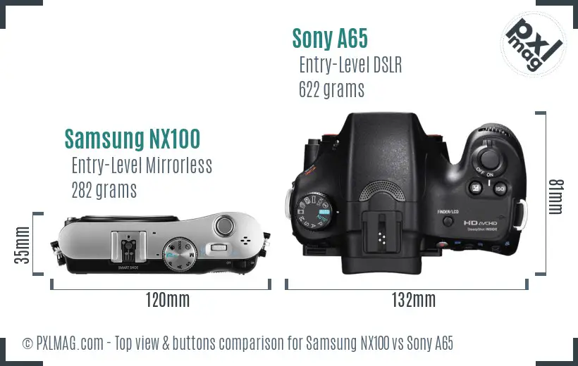 Samsung NX100 vs Sony A65 top view buttons comparison