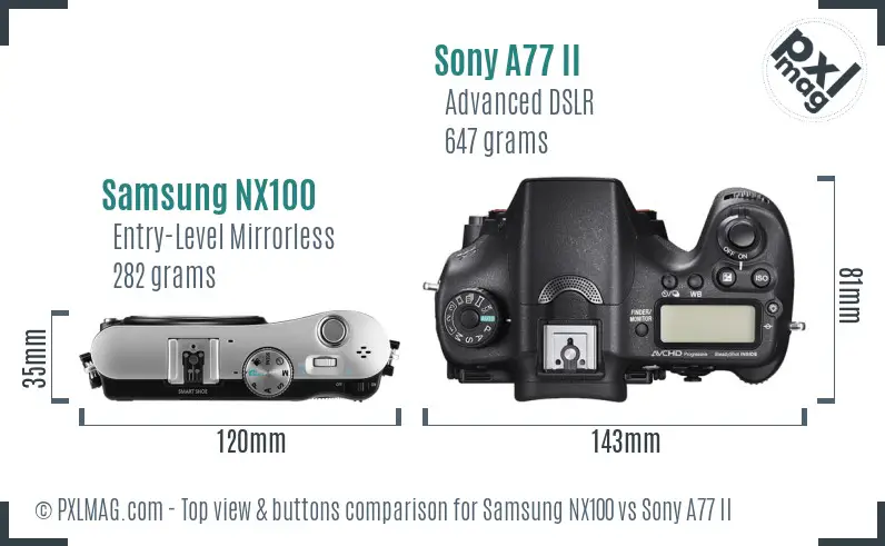 Samsung NX100 vs Sony A77 II top view buttons comparison