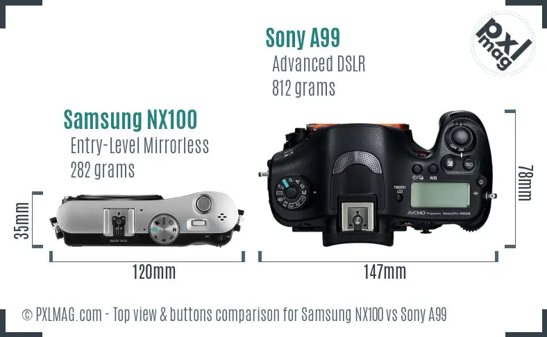 Samsung NX100 vs Sony A99 top view buttons comparison