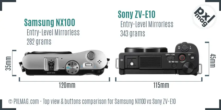 Samsung NX100 vs Sony ZV-E10 top view buttons comparison