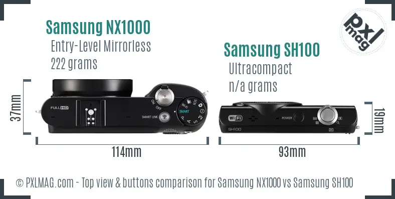 Samsung NX1000 vs Samsung SH100 top view buttons comparison