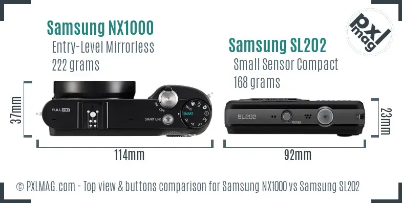 Samsung NX1000 vs Samsung SL202 top view buttons comparison