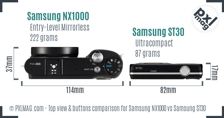 Samsung NX1000 vs Samsung ST30 top view buttons comparison