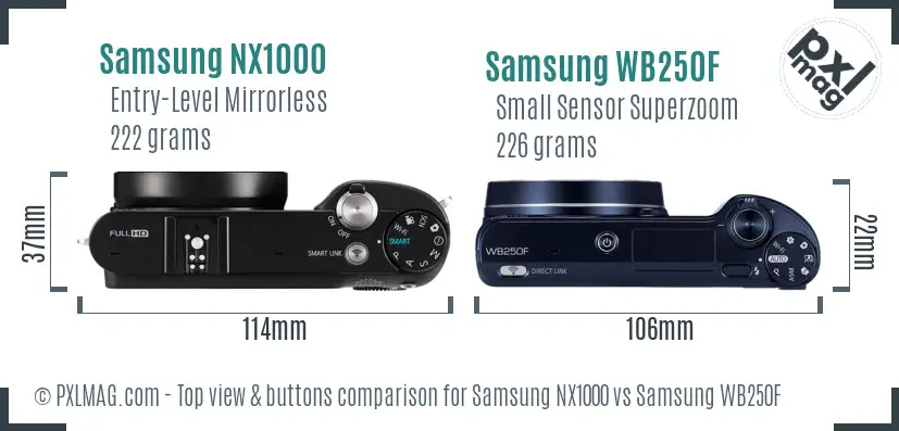 Samsung NX1000 vs Samsung WB250F top view buttons comparison