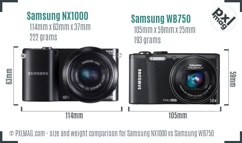 Samsung NX1000 vs Samsung WB750 size comparison