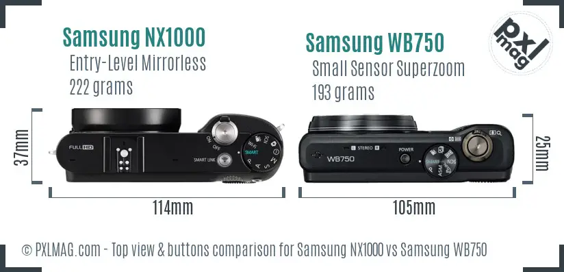 Samsung NX1000 vs Samsung WB750 top view buttons comparison