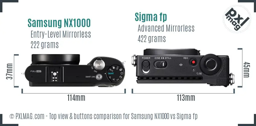 Samsung NX1000 vs Sigma fp top view buttons comparison