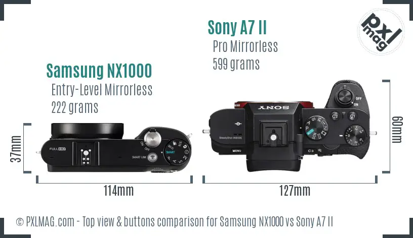 Samsung NX1000 vs Sony A7 II top view buttons comparison