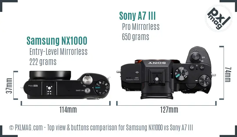 Samsung NX1000 vs Sony A7 III top view buttons comparison