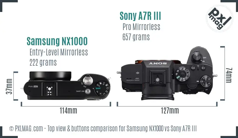 Samsung NX1000 vs Sony A7R III top view buttons comparison