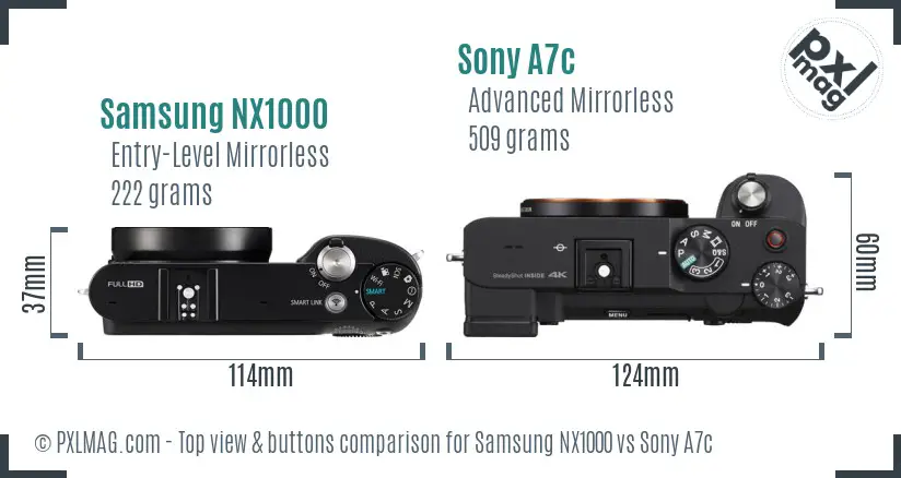 Samsung NX1000 vs Sony A7c top view buttons comparison