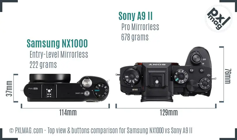 Samsung NX1000 vs Sony A9 II top view buttons comparison