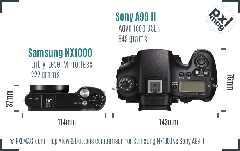 Samsung NX1000 vs Sony A99 II top view buttons comparison