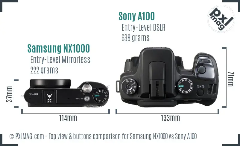 Samsung NX1000 vs Sony A100 top view buttons comparison