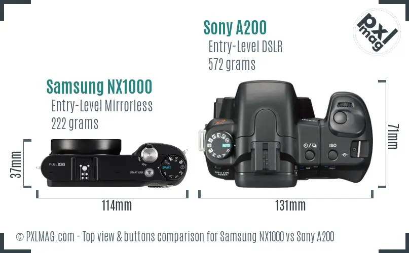 Samsung NX1000 vs Sony A200 top view buttons comparison