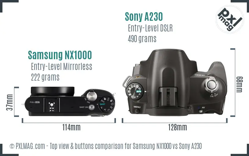 Samsung NX1000 vs Sony A230 top view buttons comparison