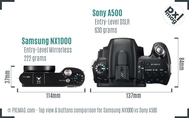 Samsung NX1000 vs Sony A500 top view buttons comparison