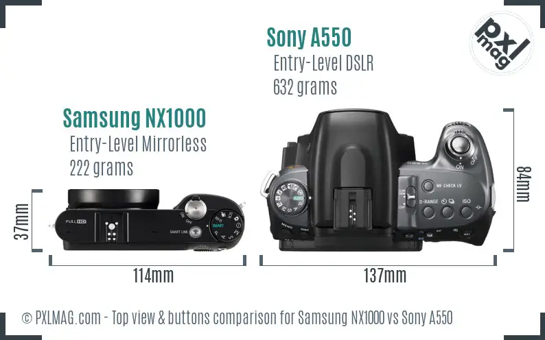 Samsung NX1000 vs Sony A550 top view buttons comparison