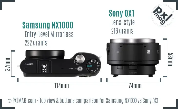 Samsung NX1000 vs Sony QX1 top view buttons comparison