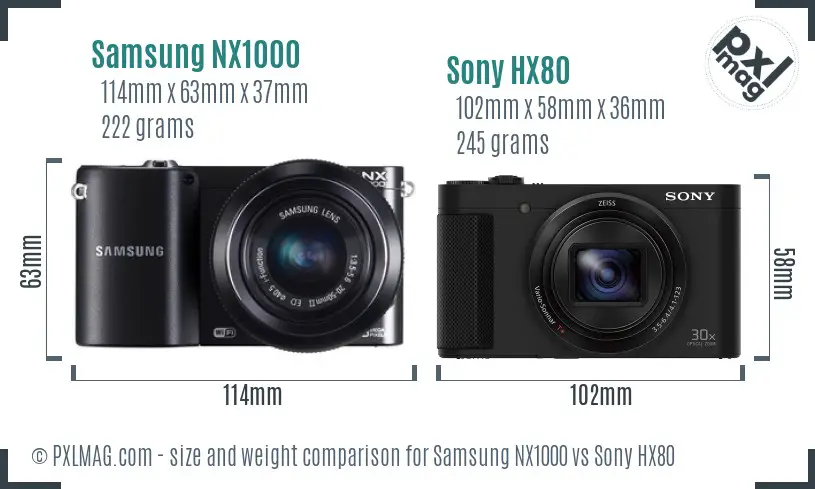Samsung NX1000 vs Sony HX80 size comparison